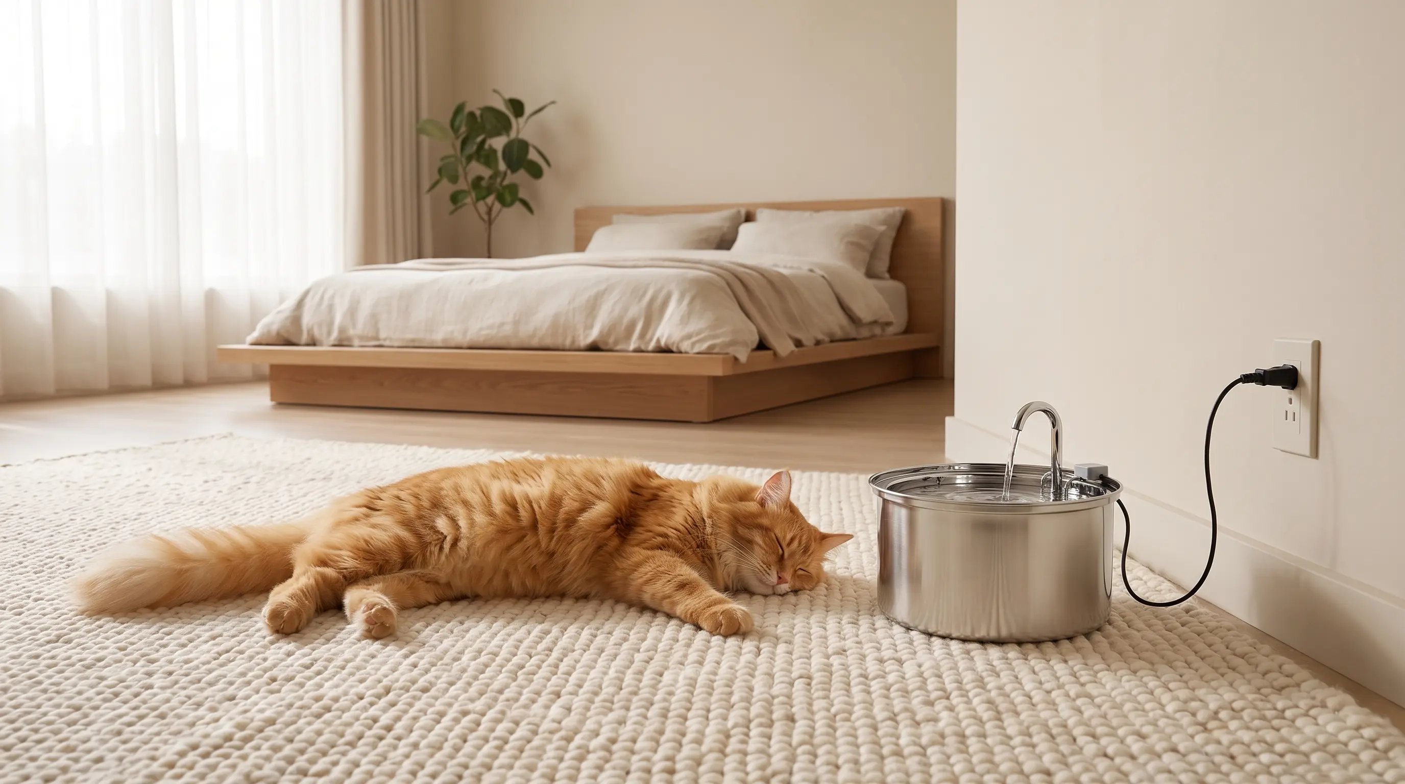Gato descansando junto a la fuente silenciosa de menos de 25 decibeles