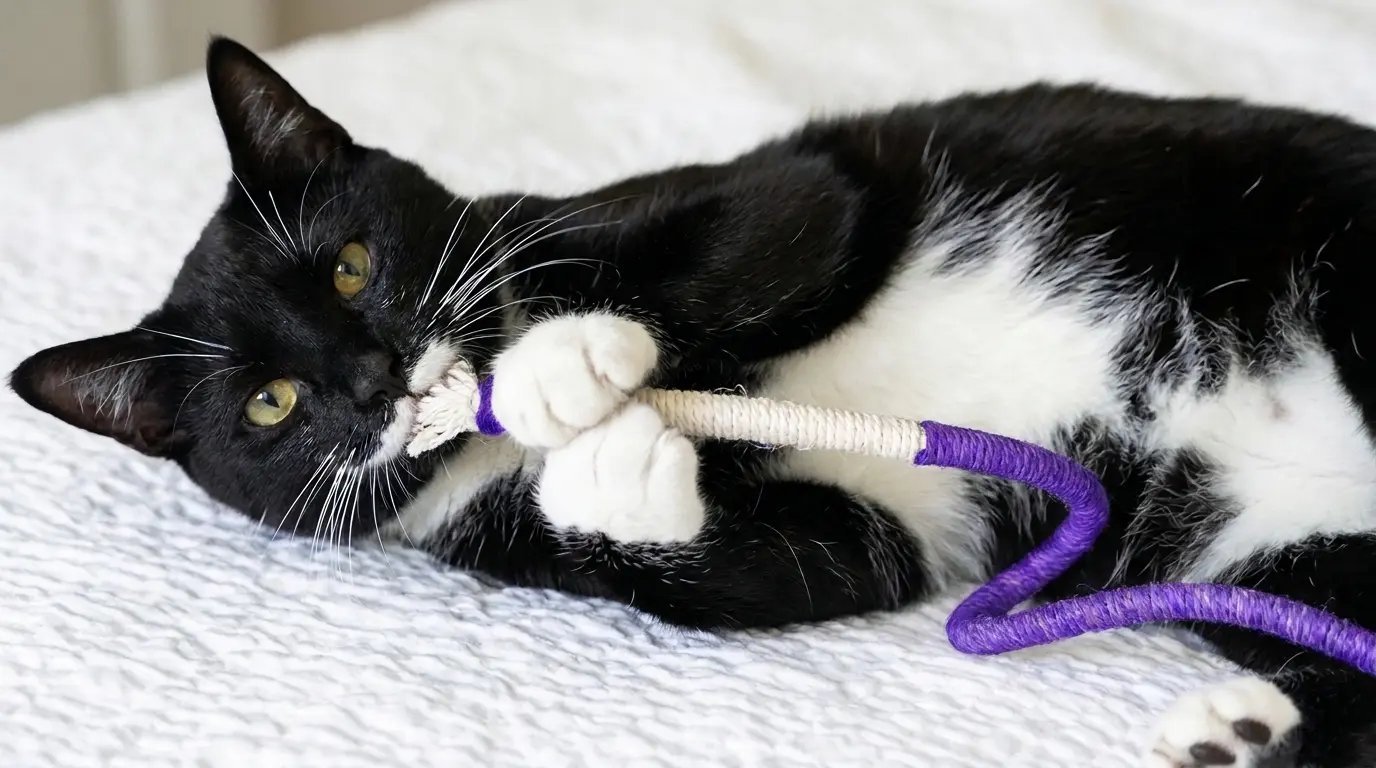 Gato abrazando y mordiendo cuerda de algodón orgánico con gall fruit para juego y limpieza dental