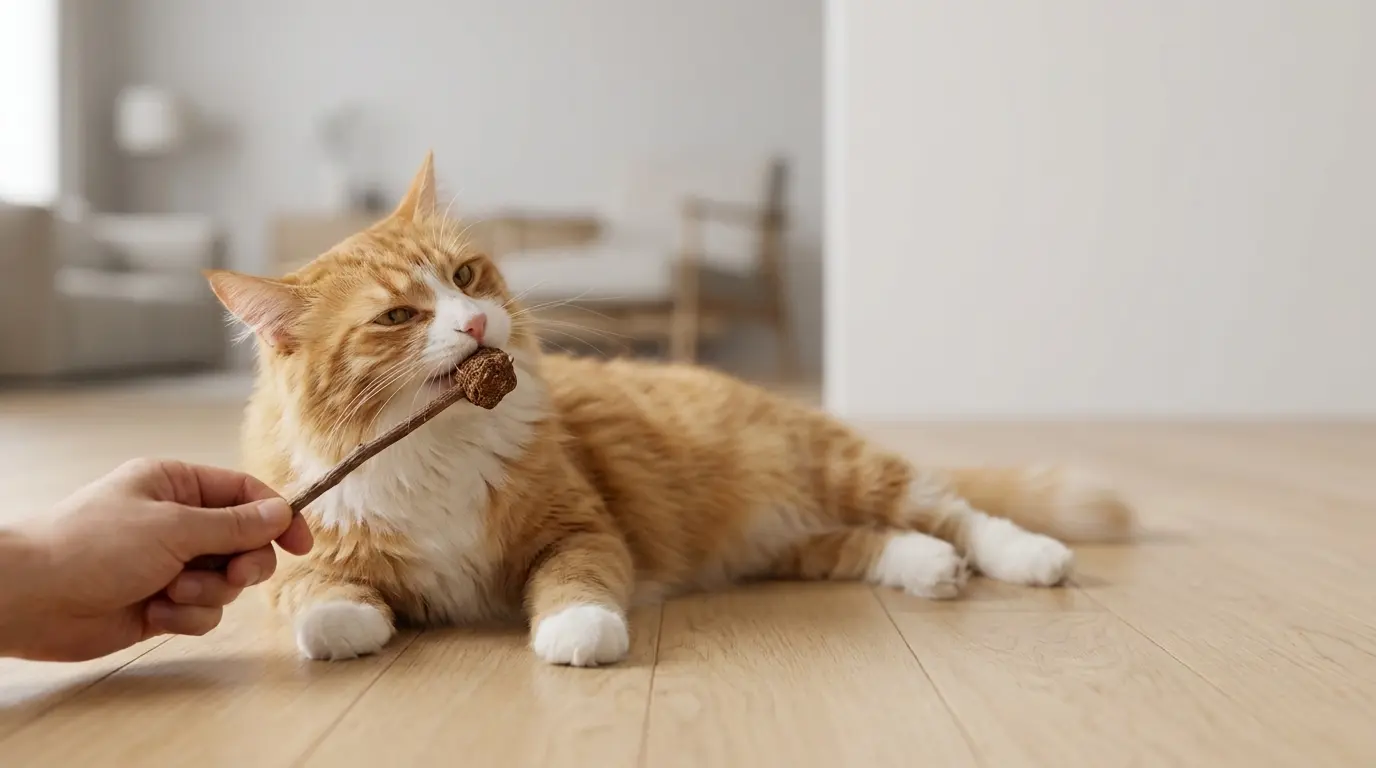 Gato masticando paleta de matatabi y silvervine natural para higiene dental y bienestar
