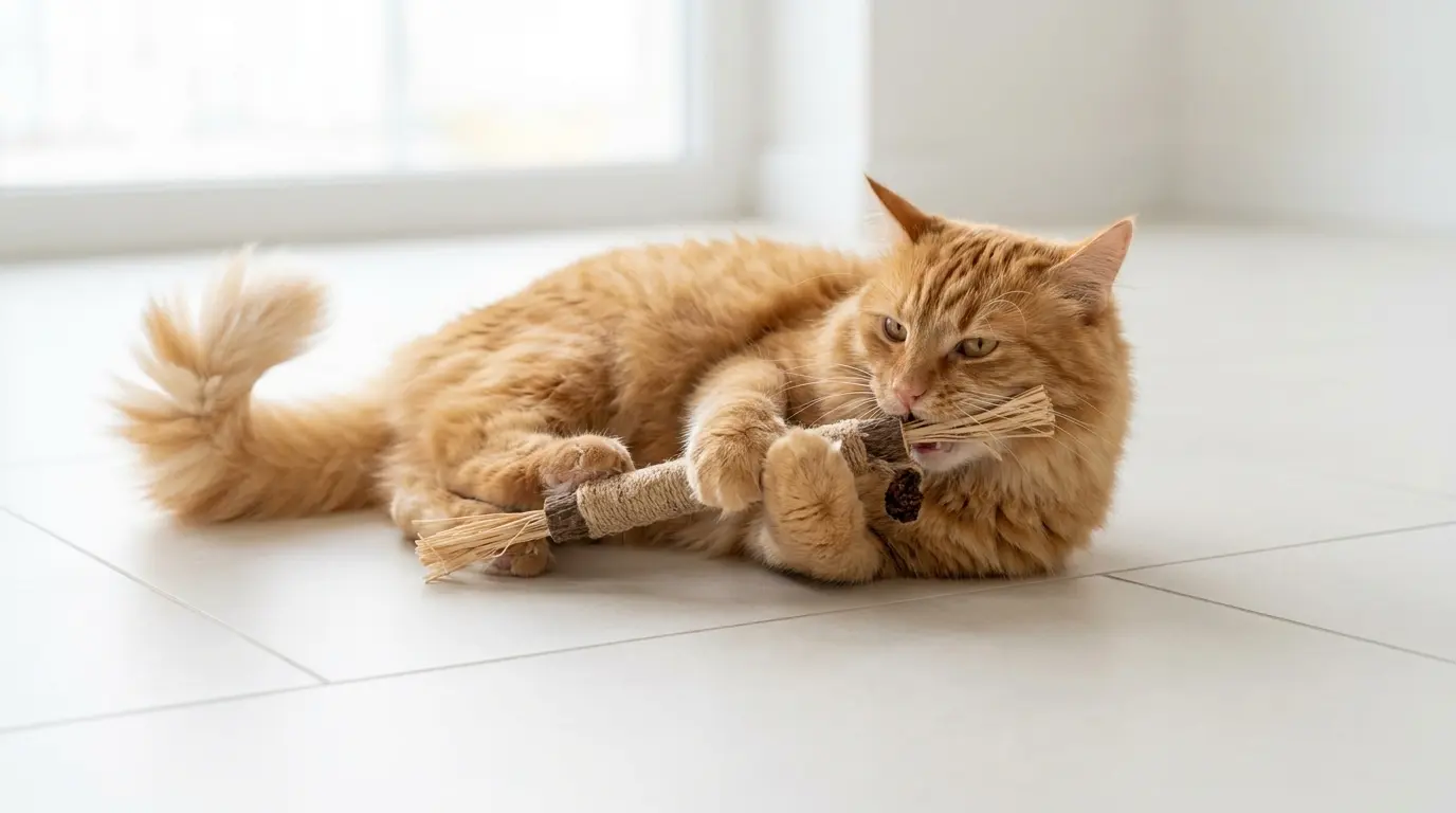 Gato mordiendo cuerpo de madera del palito de matatabi dental