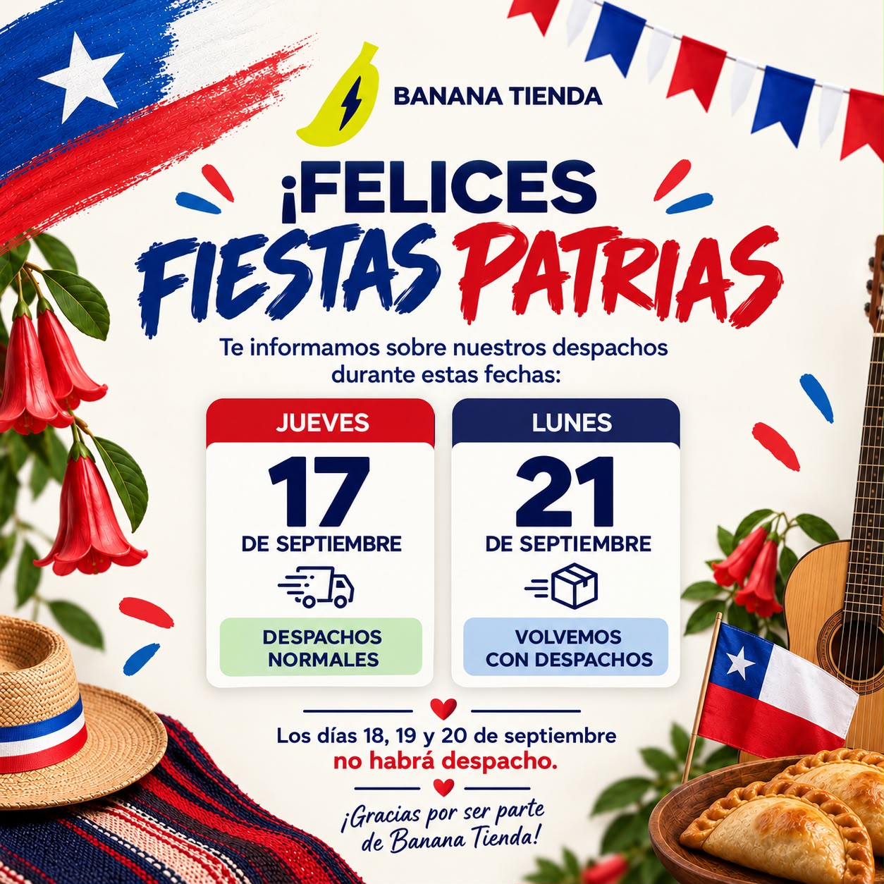 Información de despachos Fiestas Patrias Banana Tienda