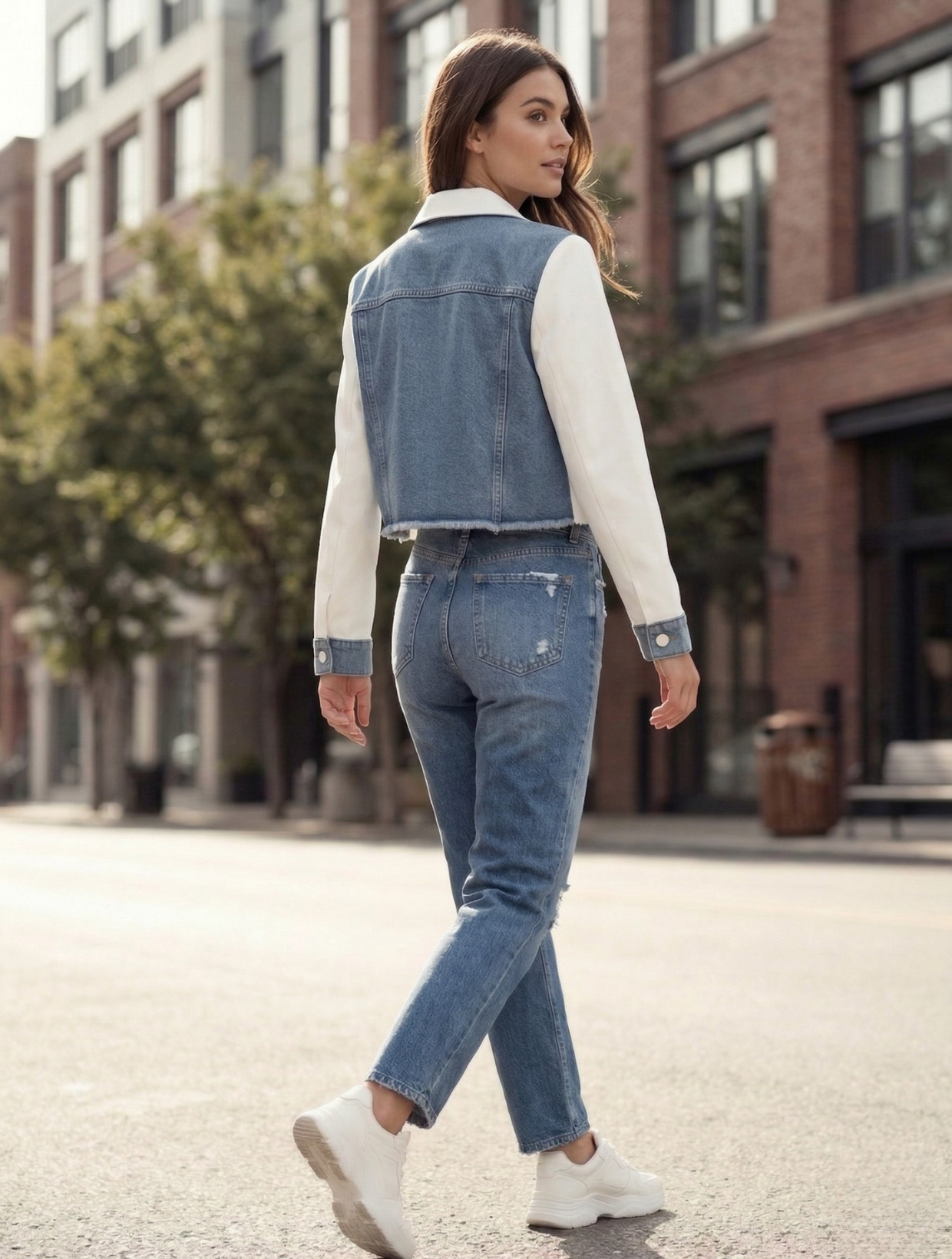 chaqueta blazer de mezclilla con gabardina blanca mujer diseño exclusivo