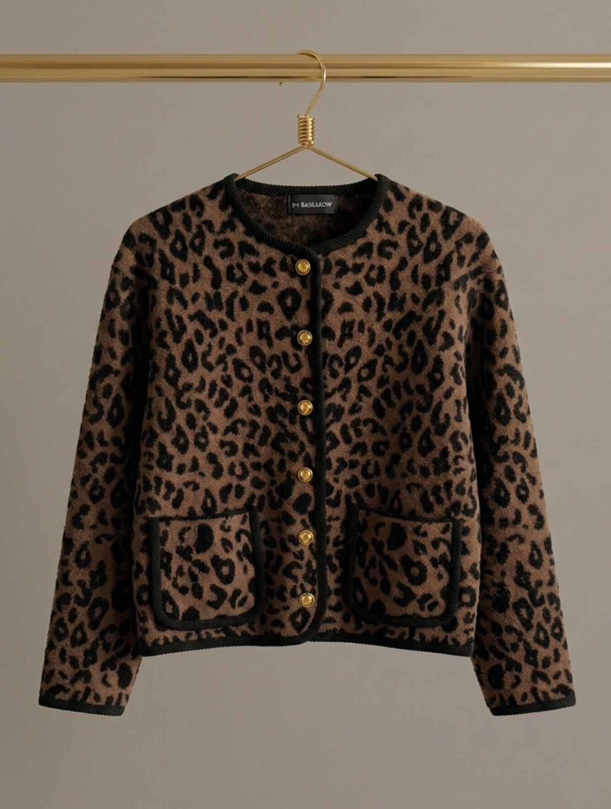 chaqueta estampado de leopardo café mujer con botones dorados animal print café
