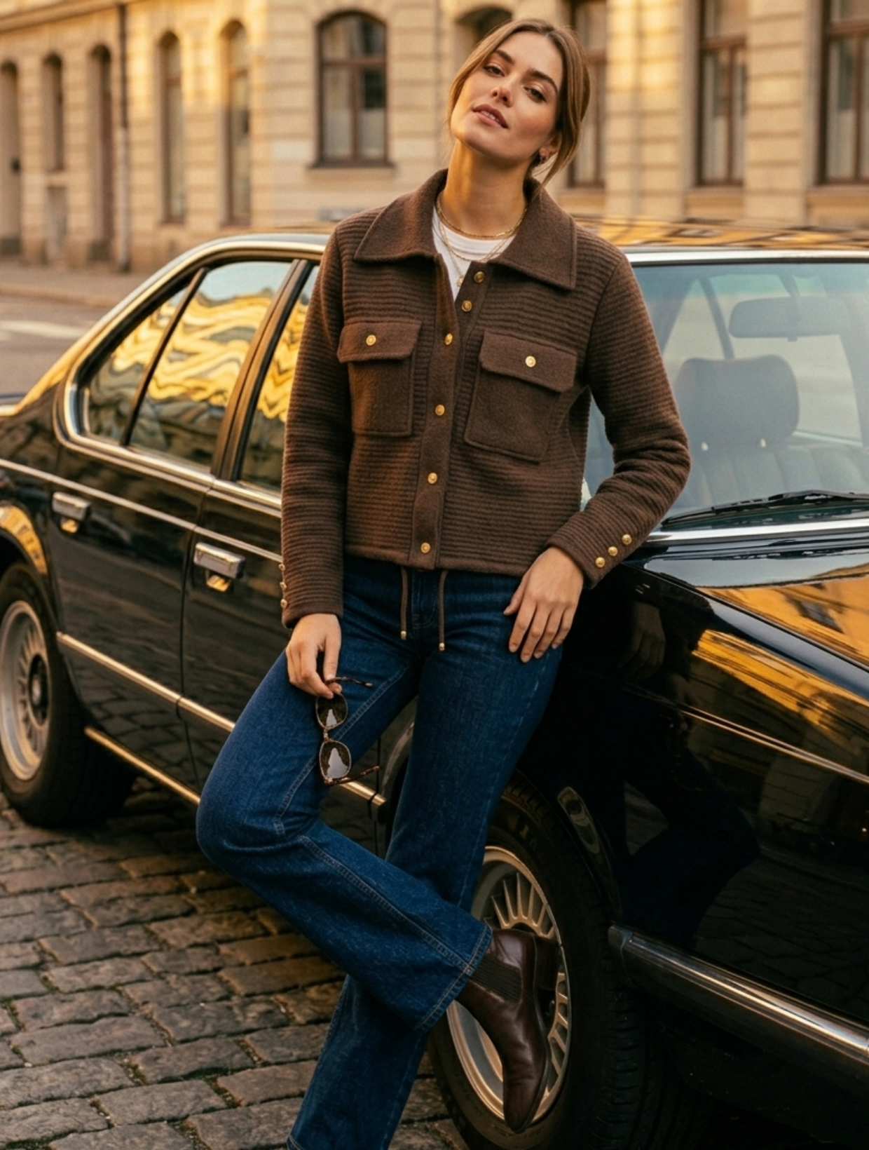 Chaqueta de lanilla café chocolate mujer botones dorados