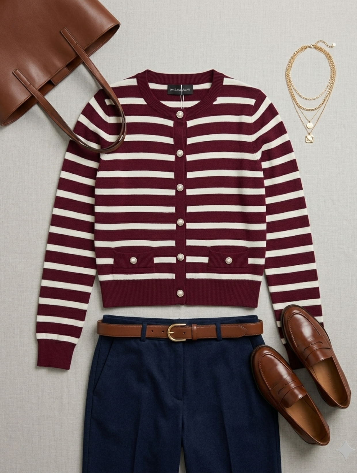 Cardigan de rayas burdeo exclusivo con botones tipo joya y jean azul oscuro, look vestuario mujer alta calidad estilo clásico Chile.