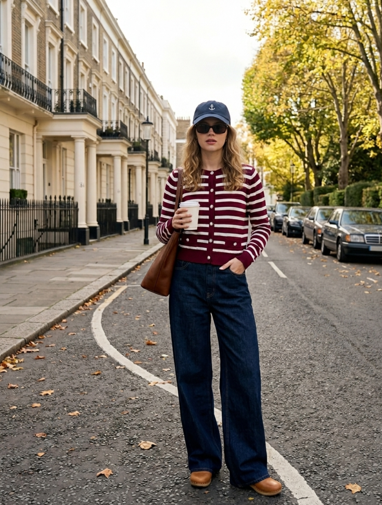 Mujer con café en la mano sweater rayas burdeo compra online tienda ropa mujer exclusiva Chile Carobaska.