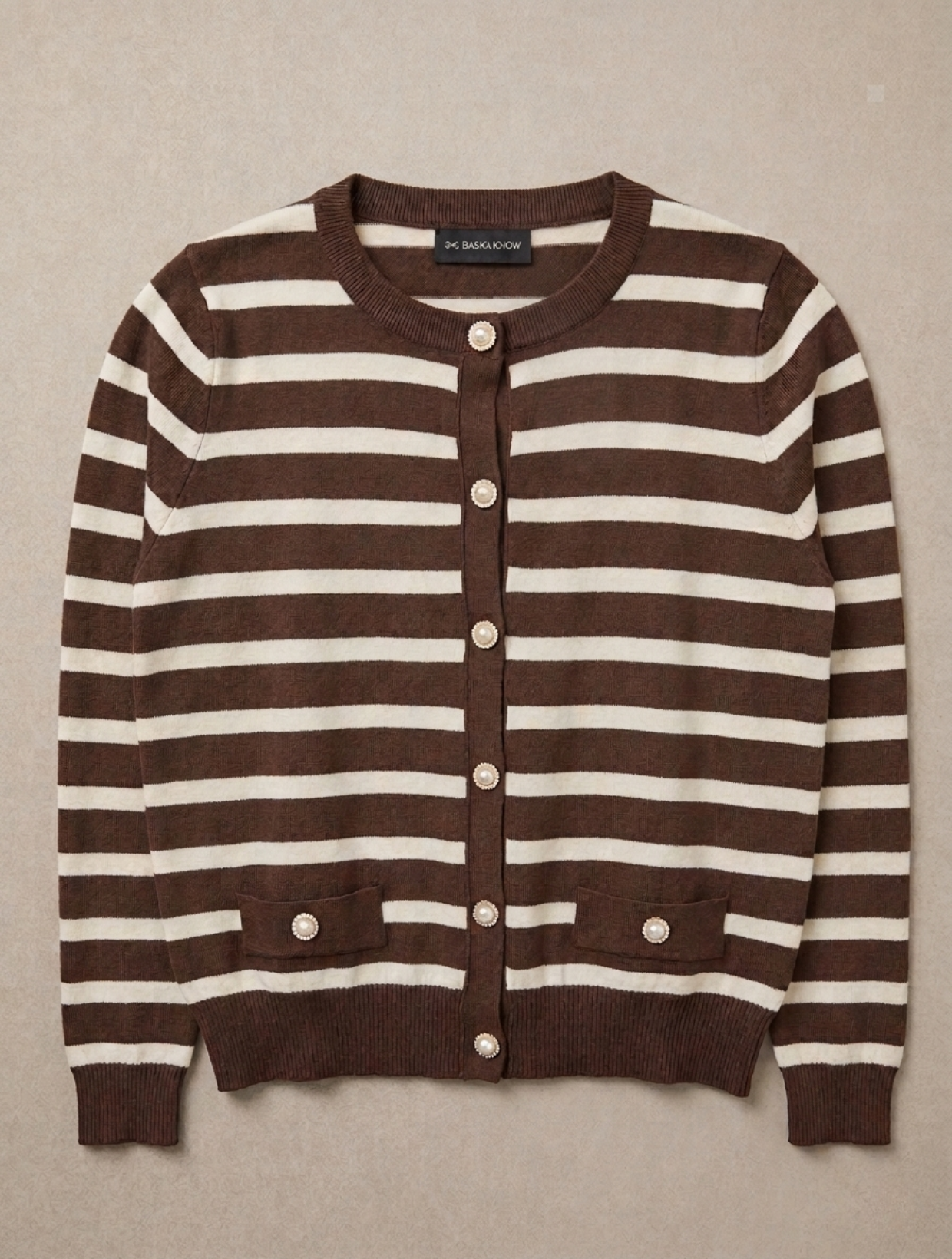 Chaleco rayas café mujer botones joya diseño importado exclusivo tienda ropa mujer online Chile Carobaska.