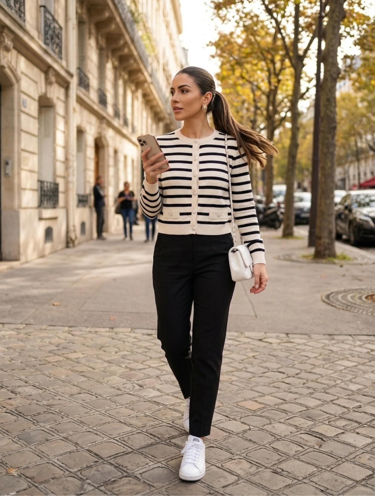 Mujer camina con outfit casual chaleco rayas negro mujer compra online ropa mujer exclusiva Chile.