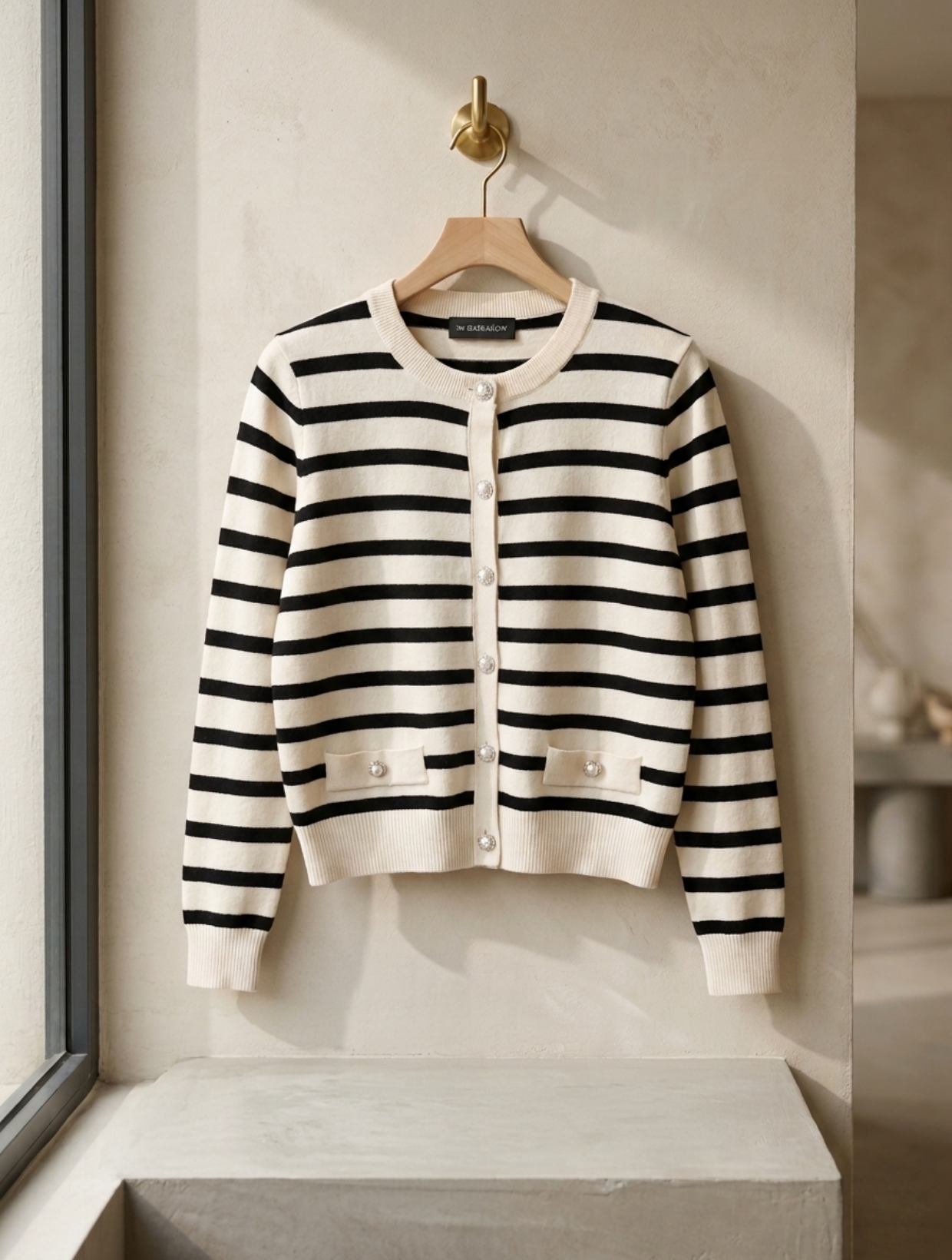 Chaleco de rayas blanco y negro para mujer estilo navy con botones dorados, sweater de alta calidad tendencia 2026 moda mujer Chile Carobaska.