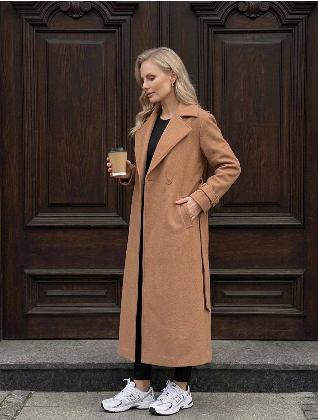 Outfit abrigo beige abierto mujer look casual elegante armario cápsula moda mujer Chile Carobaska.