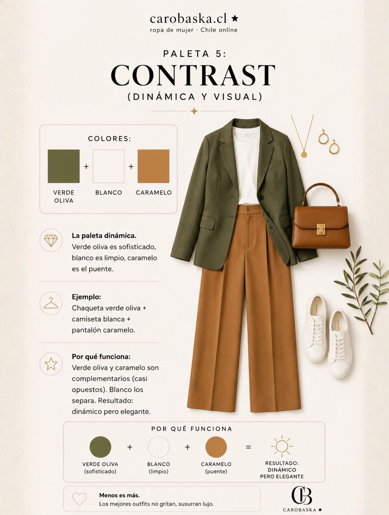 Paleta Contrast: Outfit dinámico con verde oliva, blanco y caramelo — Contraste complementario que funciona perfectamente