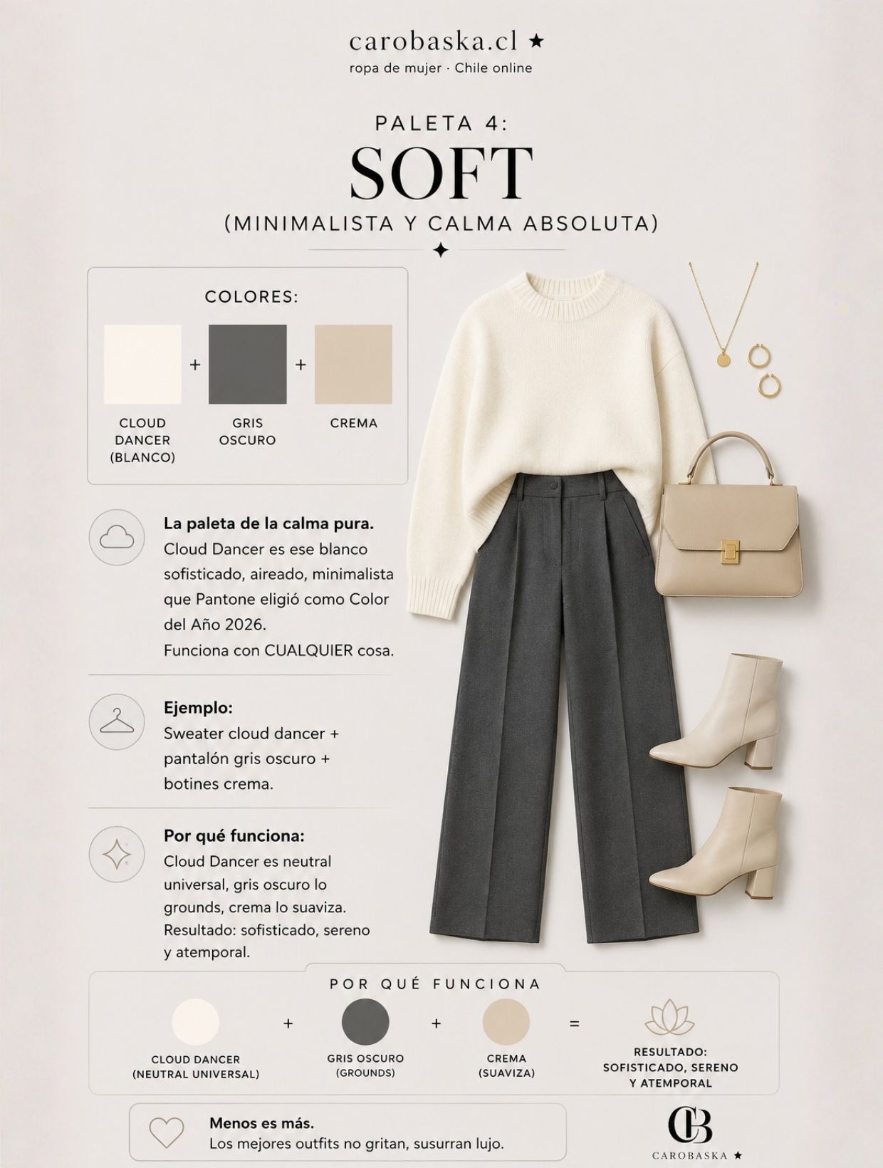 Paleta Soft: Outfit minimalista con Cloud Dancer, gris oscuro y crema — Pantone Color of the Year 2026. Diseño zen y sofisticado