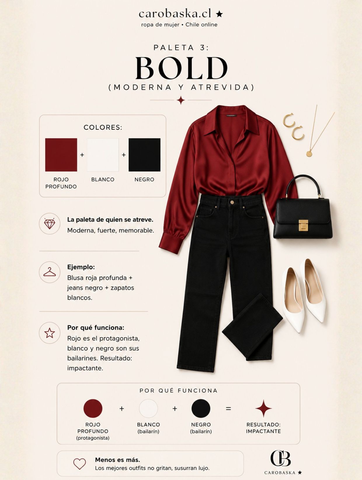Paleta Bold: Outfit moderno y atrevido con rojo profundo, blanco y negro — Combinación impactante para mujeres que se atreven