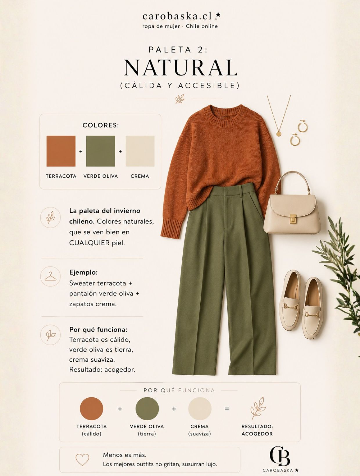 Paleta Natural: Outfit con colores cálidos del invierno chileno — Terracota, verde oliva y crema. Colores que favorecen cualquier tono de piel