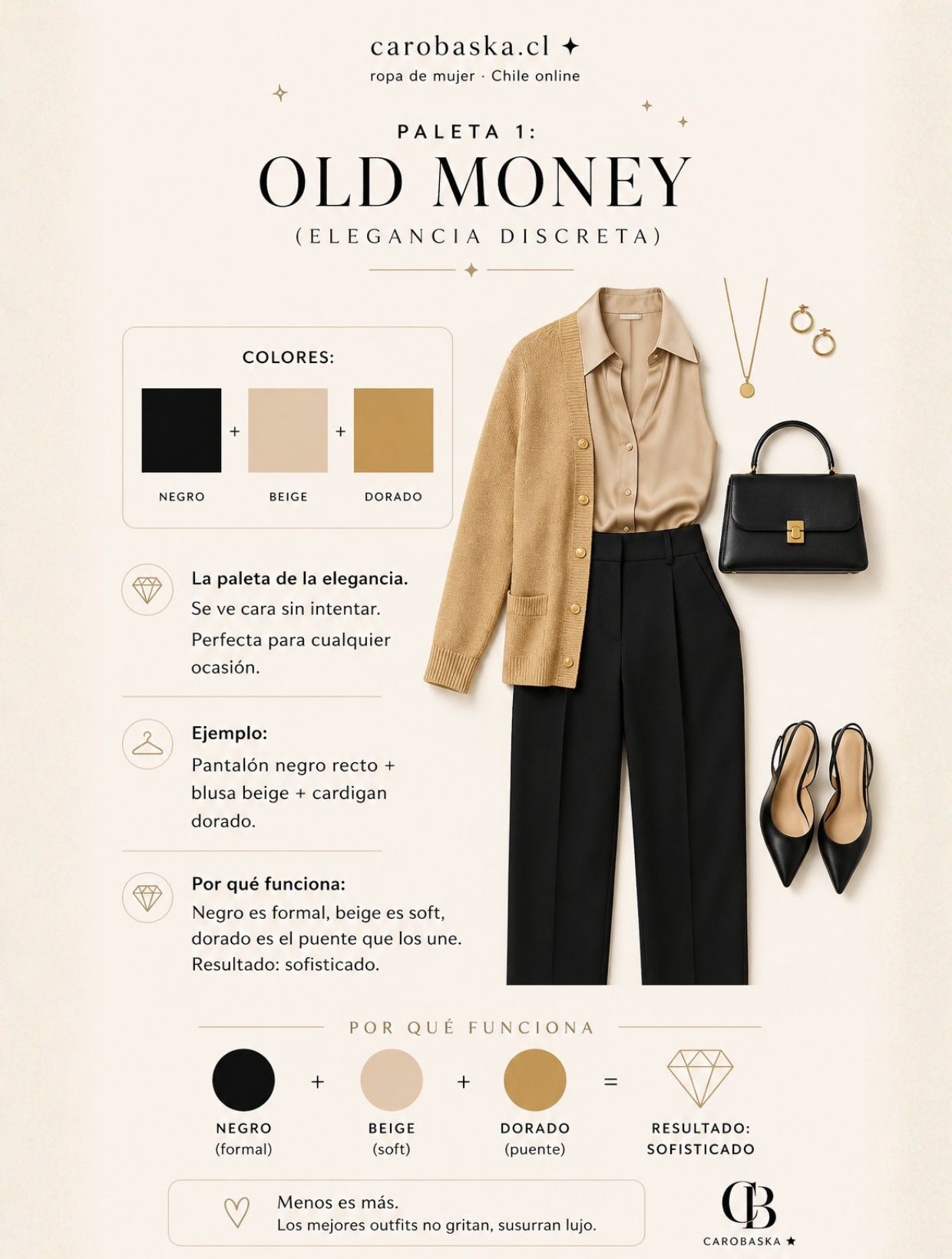 Paleta Old Money: Outfit de elegancia discreta con negro, beige y dorado — Guía de combinación de colores para ropa mujer