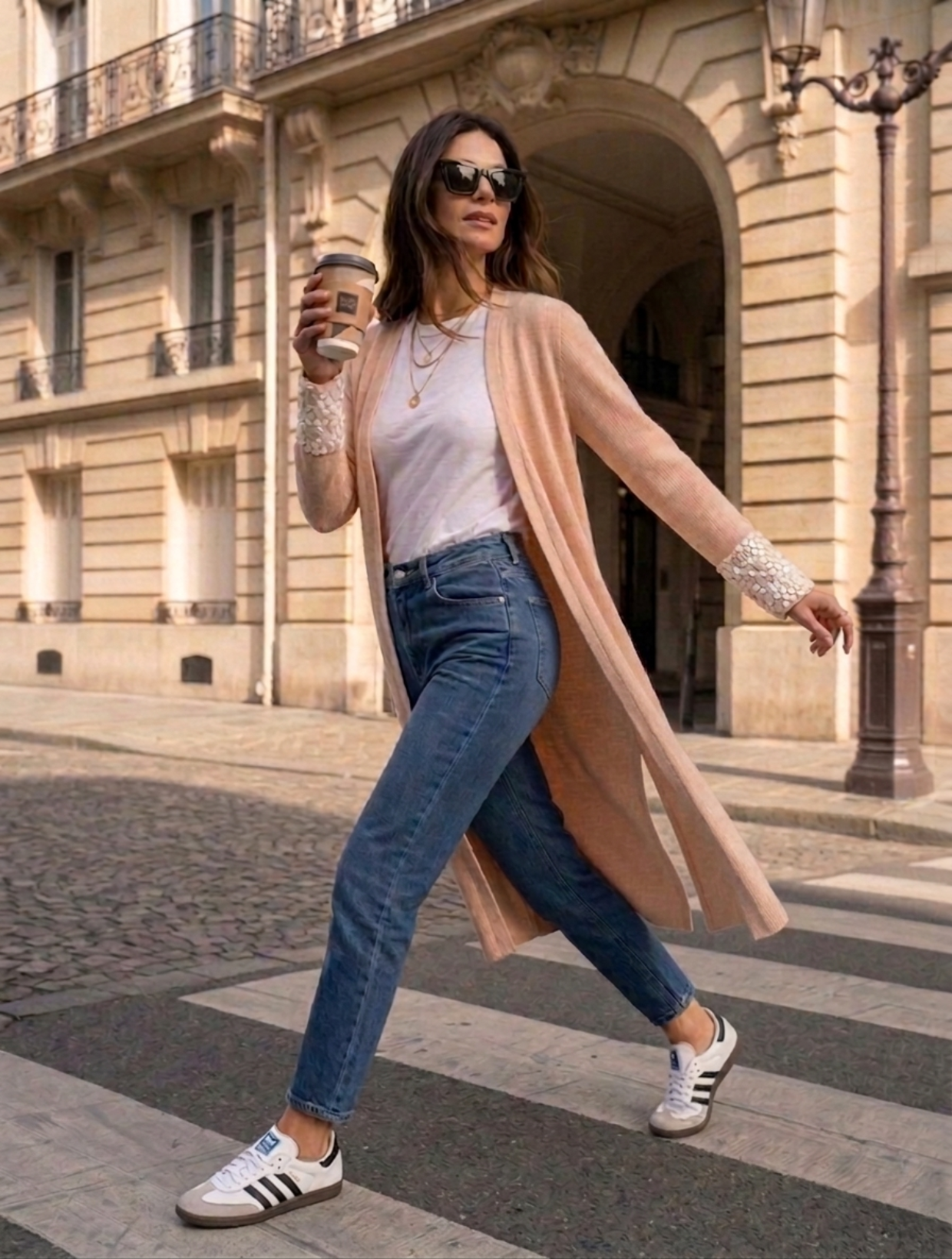 Tapado largo color crema para mujer con detalle de lentejuelas en puños, ideal para transición otoño invierno.