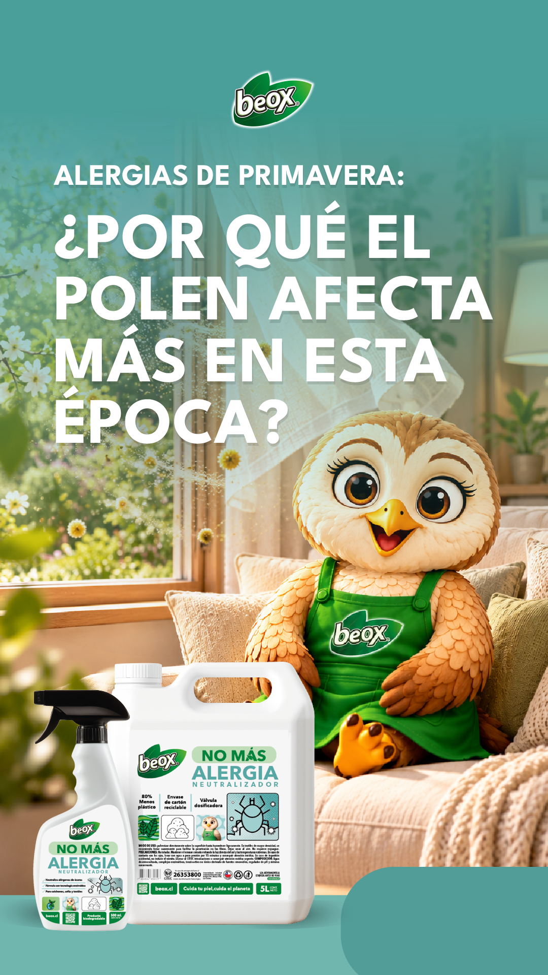 Lechuza Beox junto a No Más Alergia en spray y bidón de 5 litros en un living luminoso