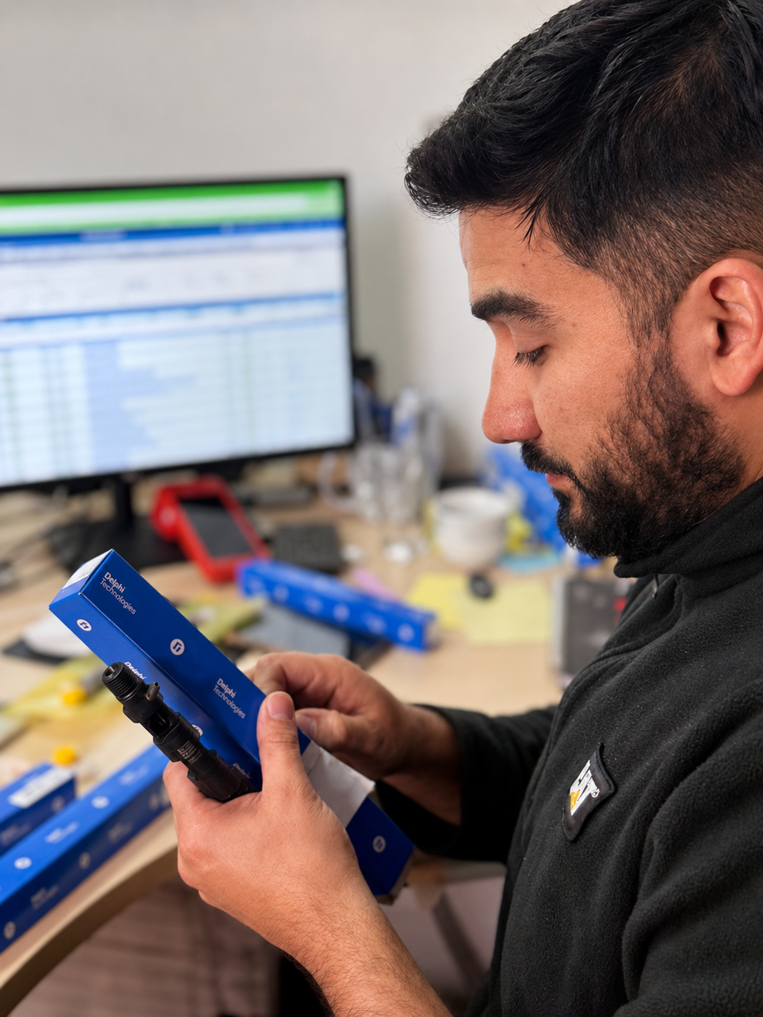 Persona revisando código de inyector diésel para confirmar compatibilidad en C3 Diesel