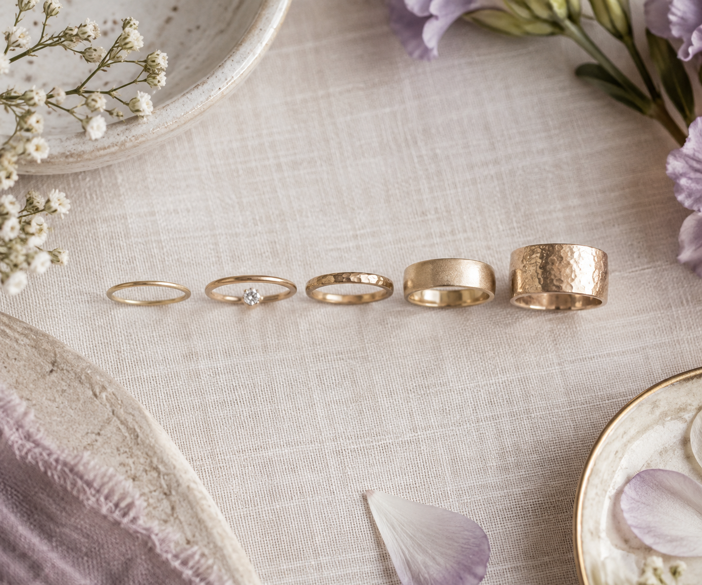 Anillos dorados de distintos anchos ordenados sobre lino claro para crear una combinación equilibrada
