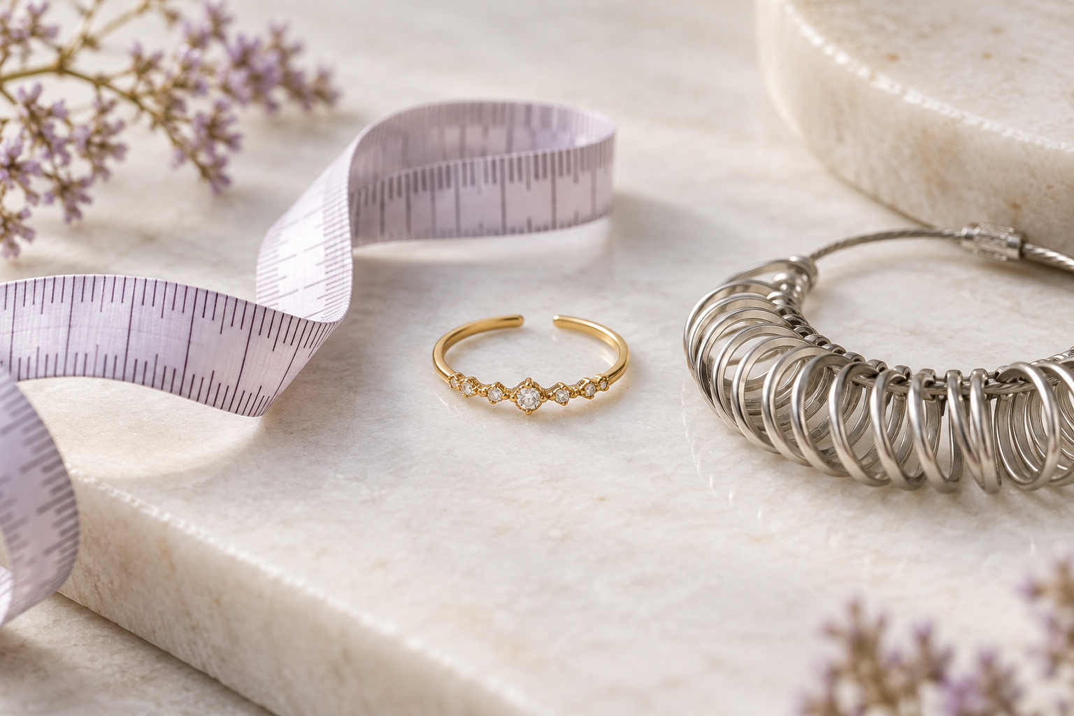 Anillo midi dorado junto a una cinta métrica y un medidor de anillos sobre piedra clara