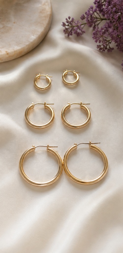 Argollas doradas pequeñas medianas y grandes ordenadas sobre tela clara