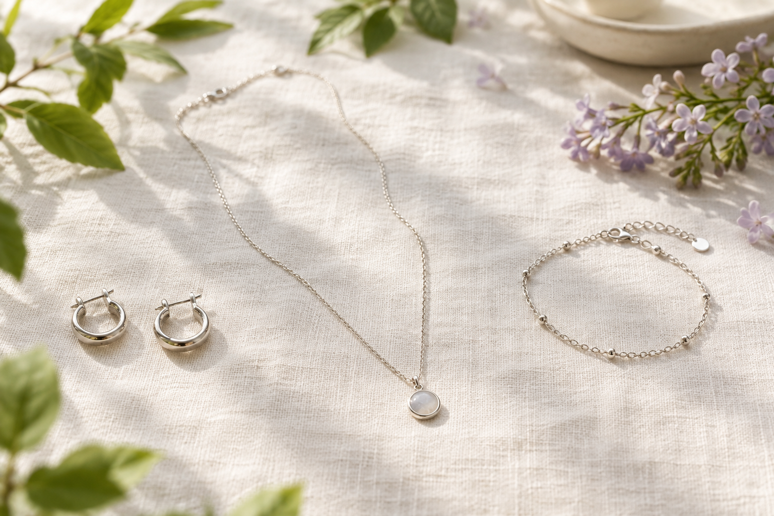 Selección de aros, collar y pulsera plateados sobre lino claro para organizar accesorios de primavera