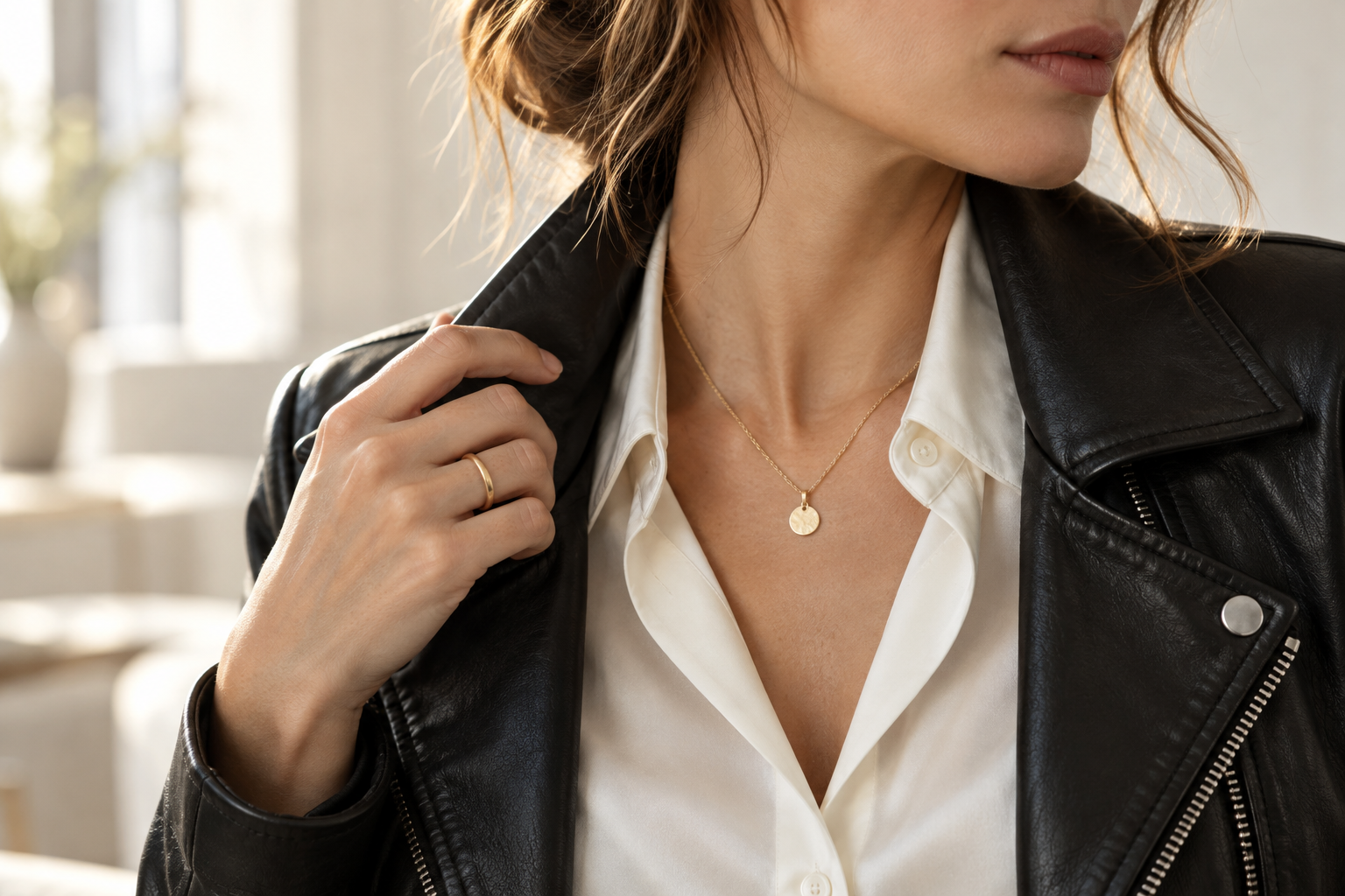 Detalle de collar y anillo dorados con chaqueta de cuero negro