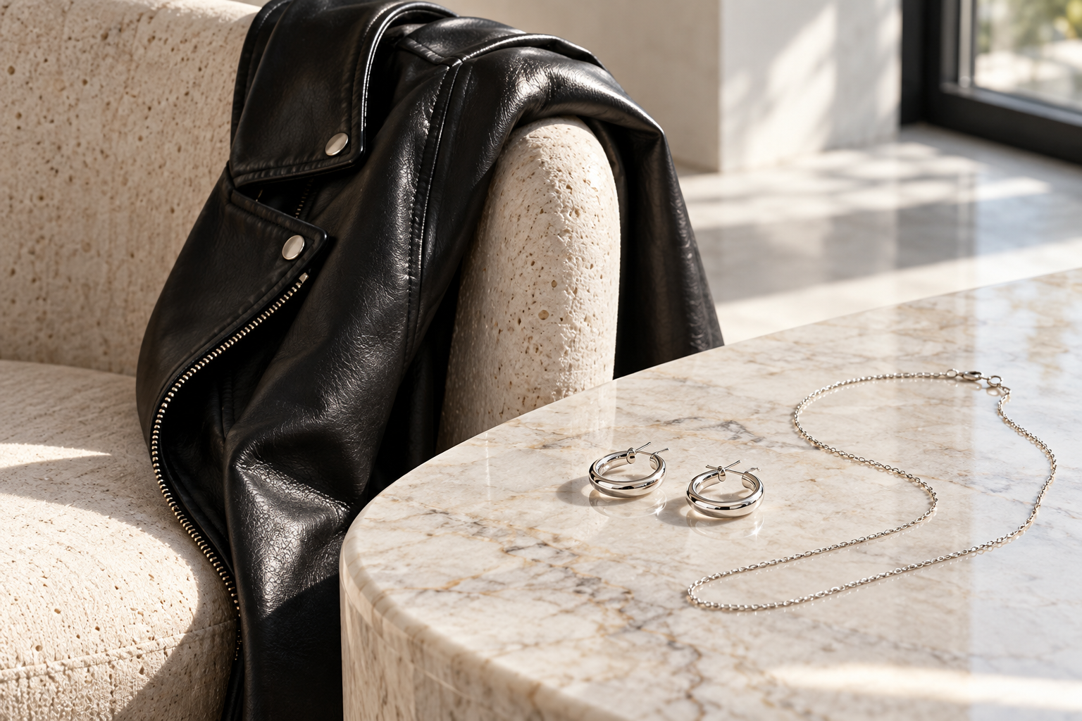 Chaqueta de cuero negro con argollas y cadena plateadas