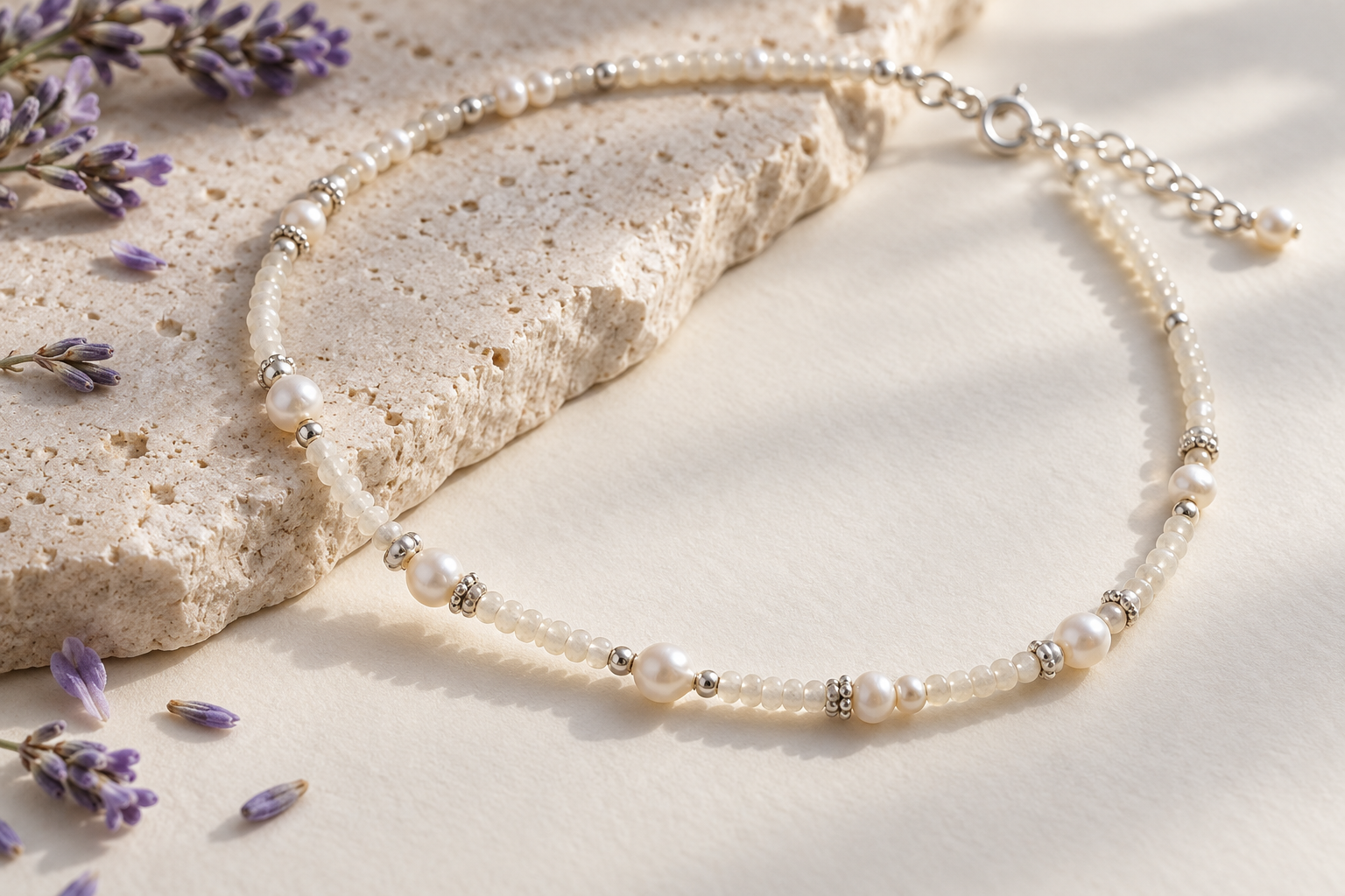 Detalle de mostacillas pequeñas, perlas y cuentas plateadas en una pulsera delicada