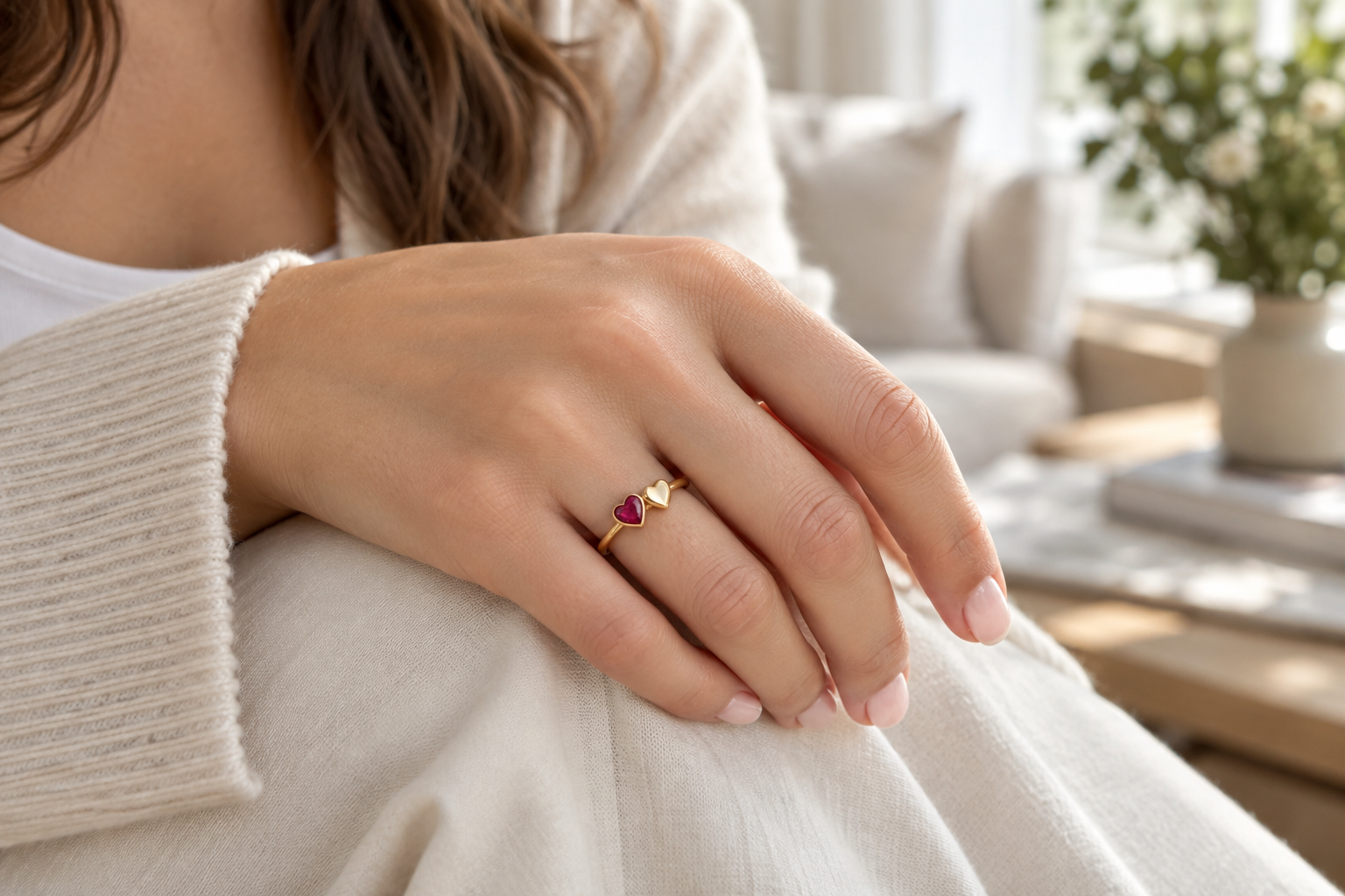 Anillo dorado de dos corazones, uno magenta y otro liso, llevado en la mano