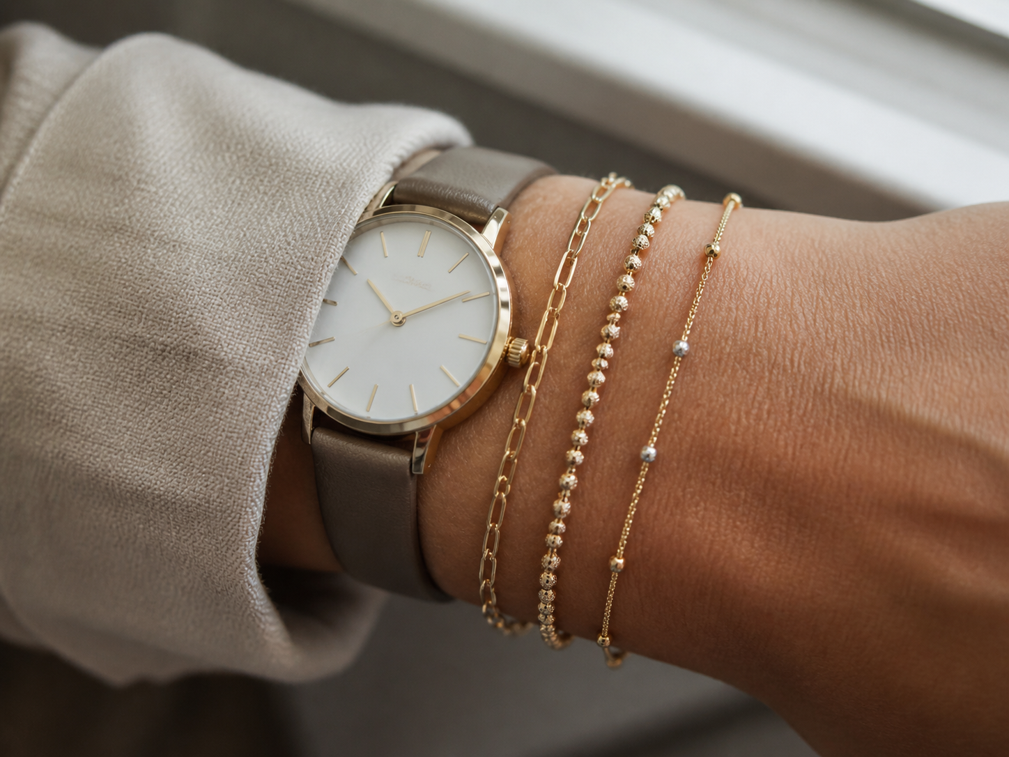 Pulseras delicadas combinadas con reloj sobre una manga neutra