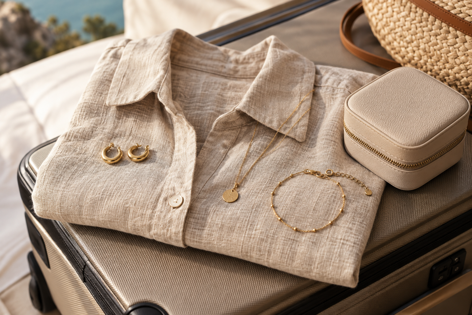 Joyas doradas organizadas sobre una camisa de lino junto a una maleta