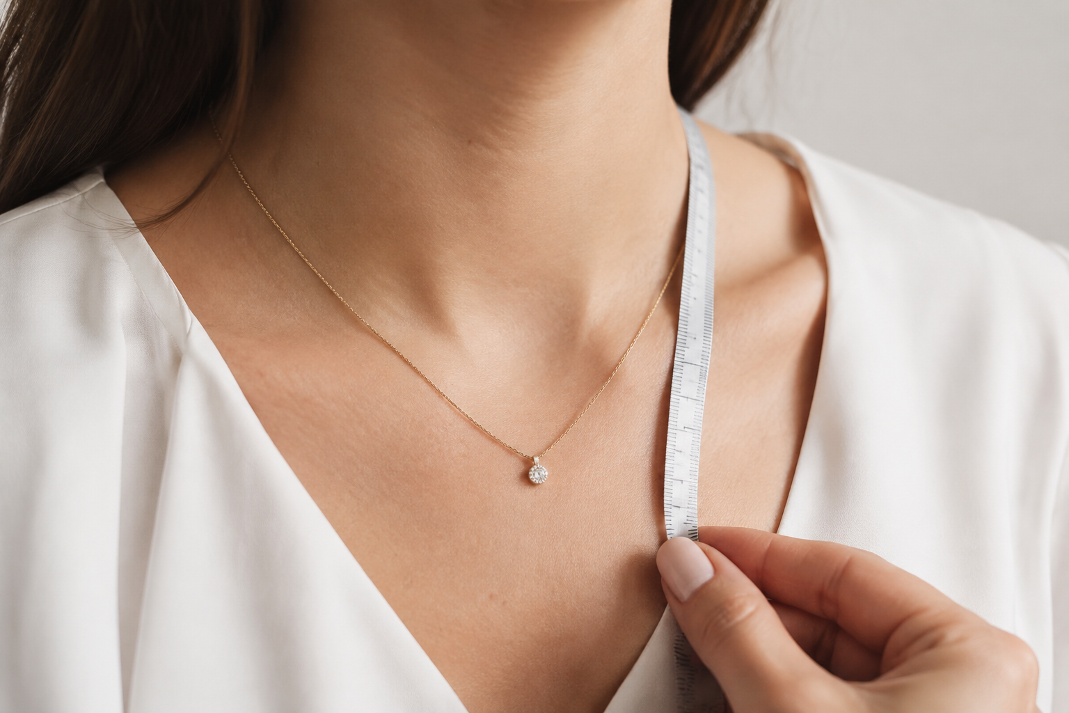 Medicion del largo de un collar sobre una blusa blanca