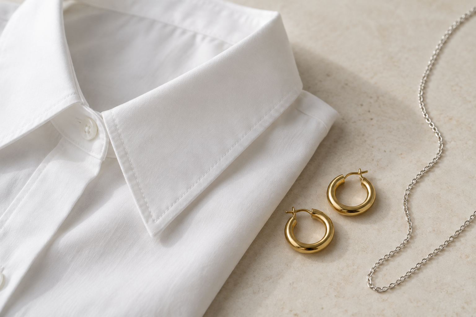 Joyas doradas y plateadas junto a una camisa blanca