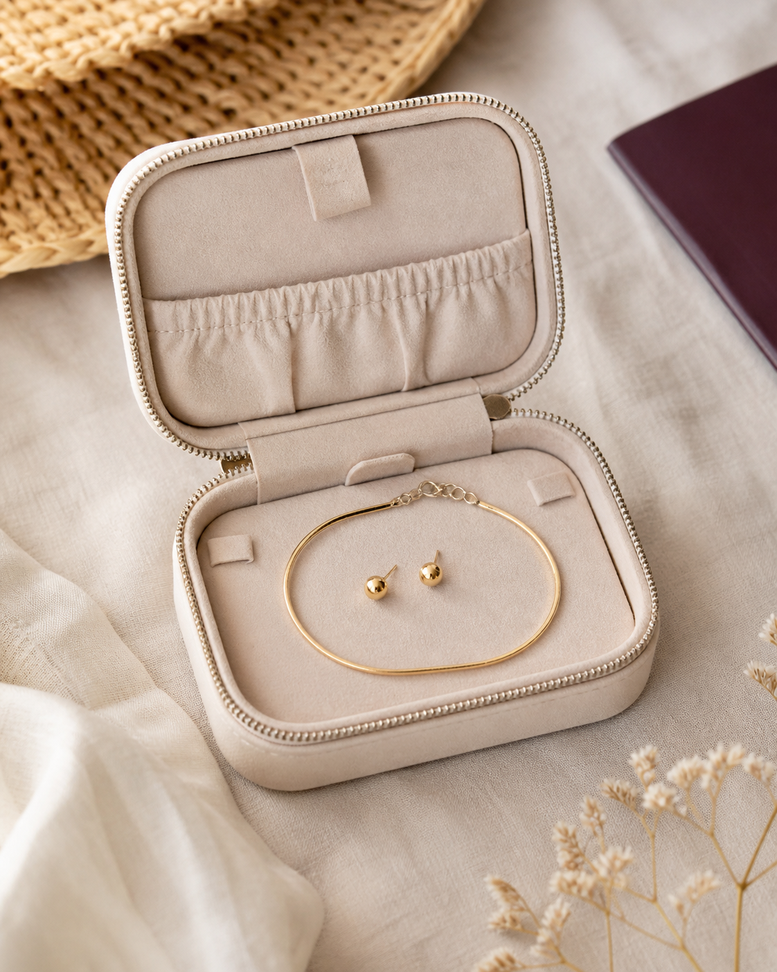 Bolsa de viaje para joyas con aros dorados y pulsera fina guardados de forma segura