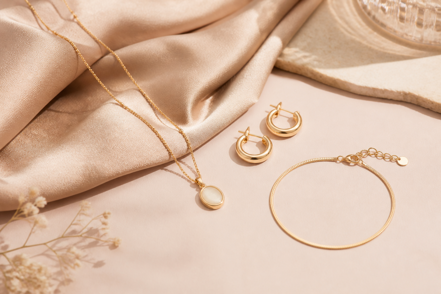 Joyas bañadas en oro sobre tela beige satinada