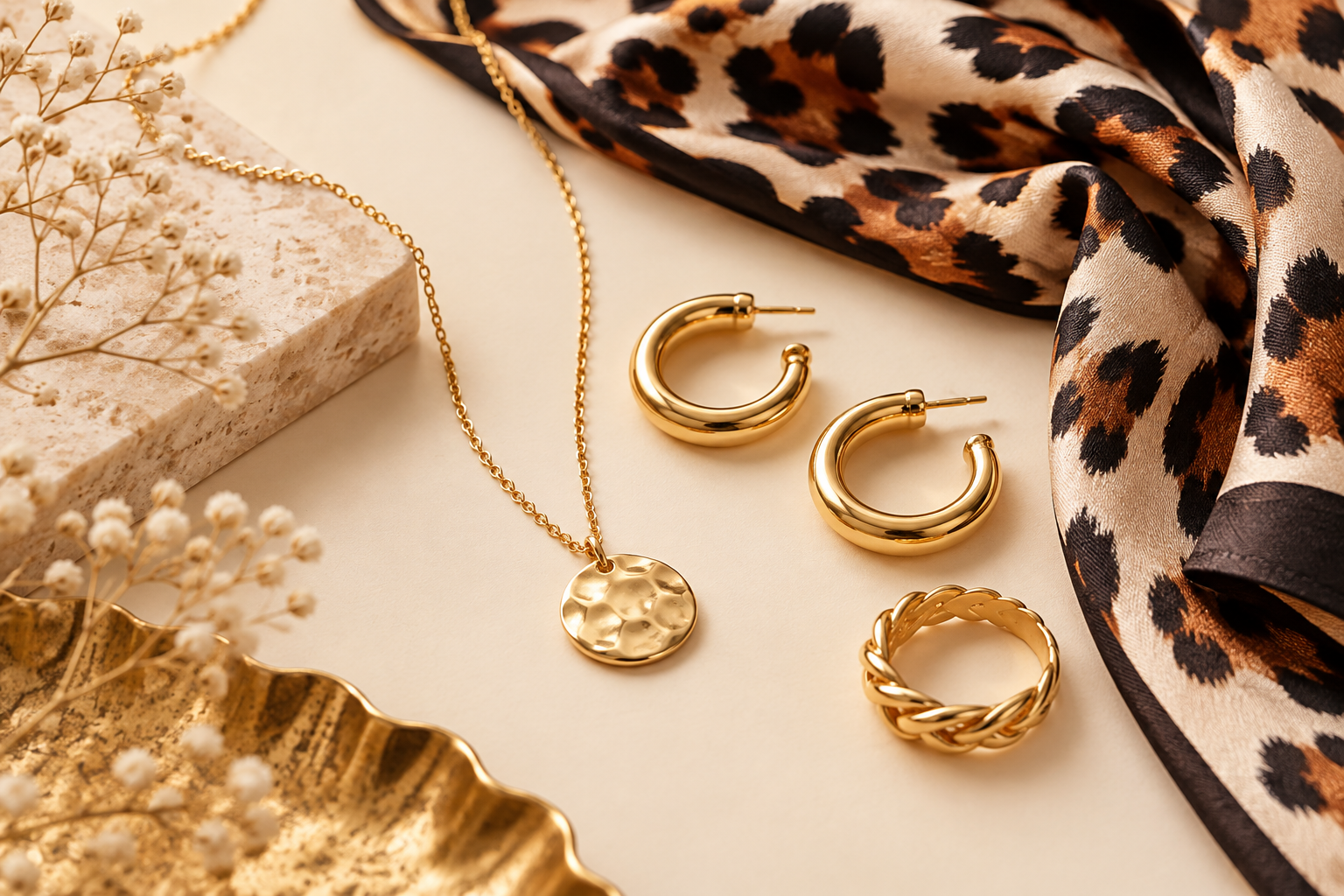 Joyas doradas delicadas junto a un pañuelo de estampado animal