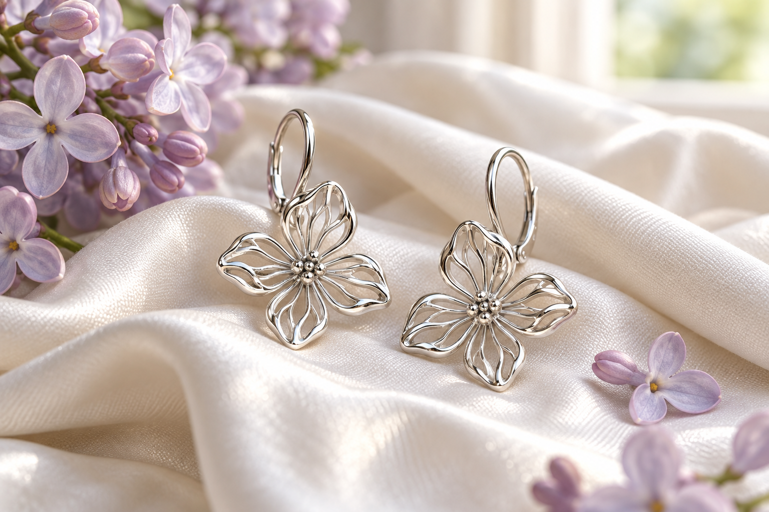 Aros de flor calados plateados sobre tela clara con flores lilas