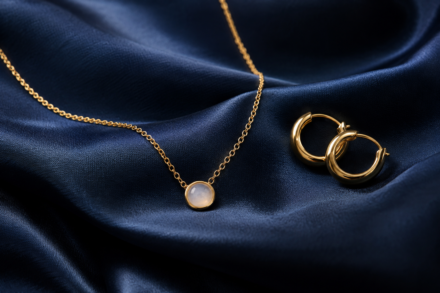 Collar y aros dorados sobre tela satinada azul