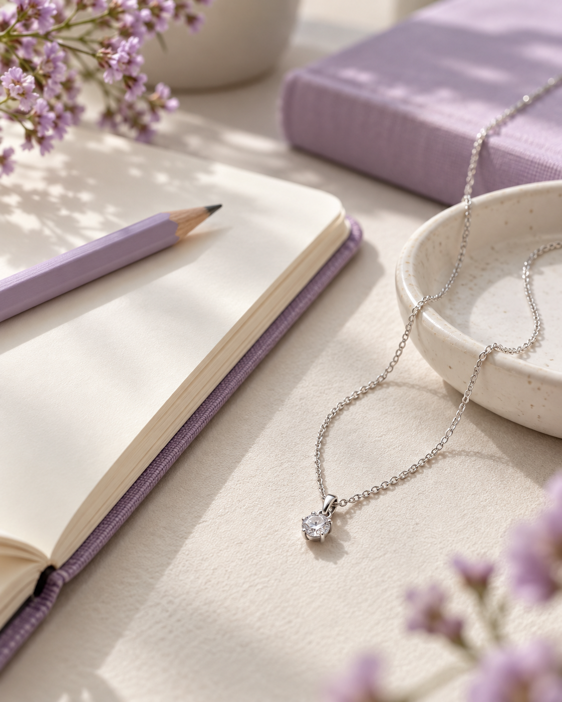Collar delicado junto a un cuaderno y lápiz lavanda como idea de regalo para una profesora