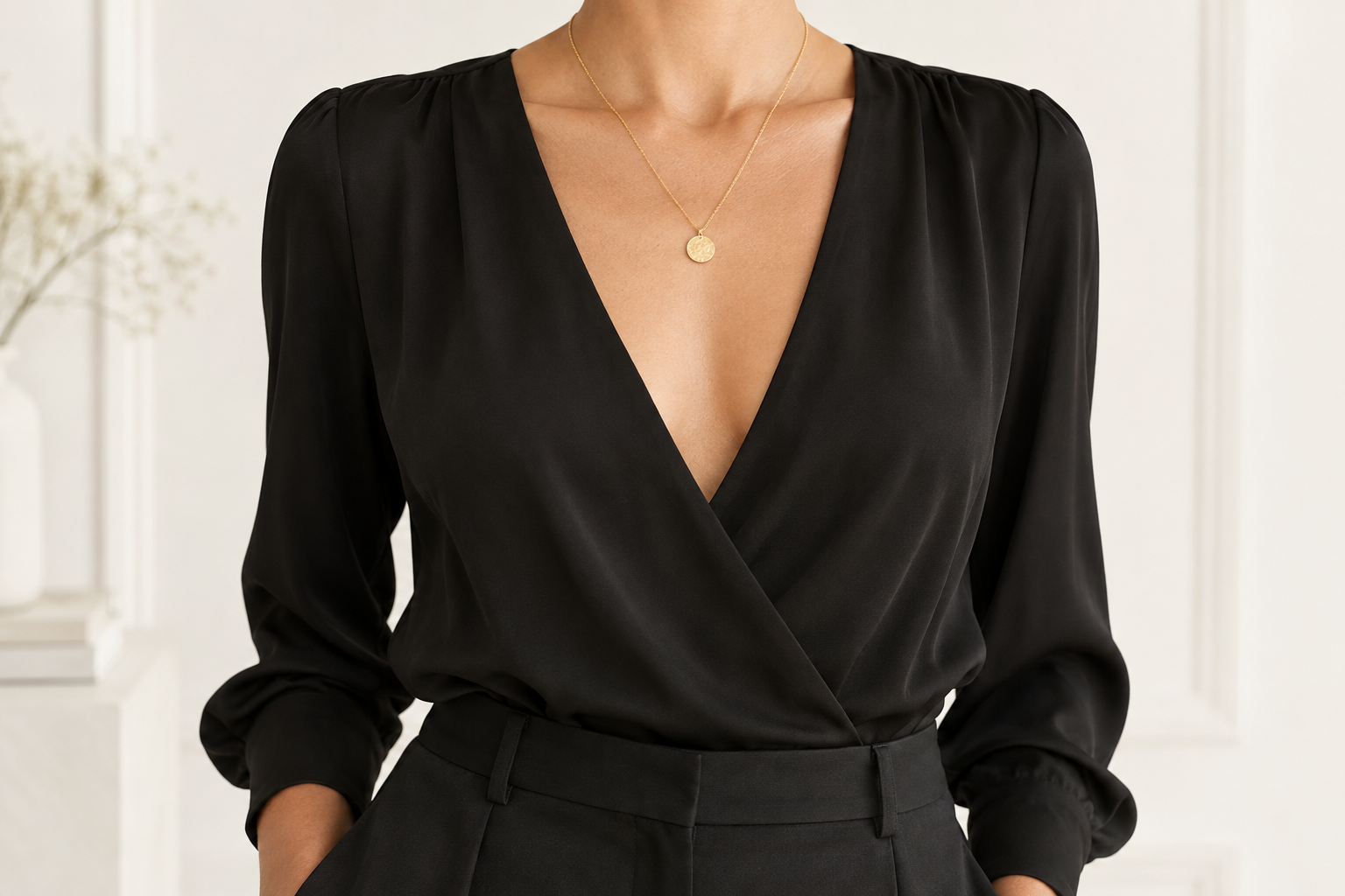 Collar dorado colgante siguiendo un escote en V