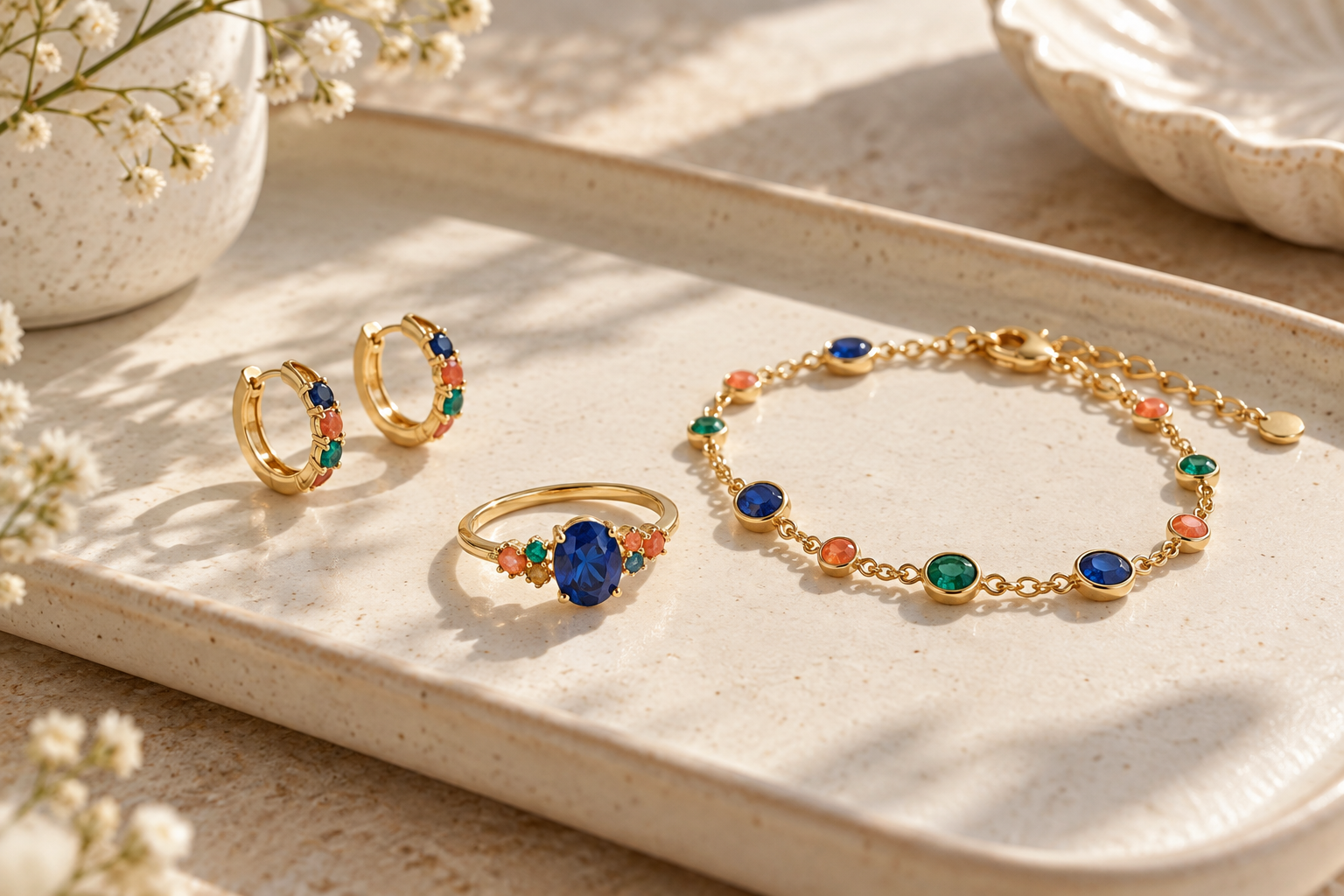 Aros, anillo y pulsera con piedras de colores combinadas