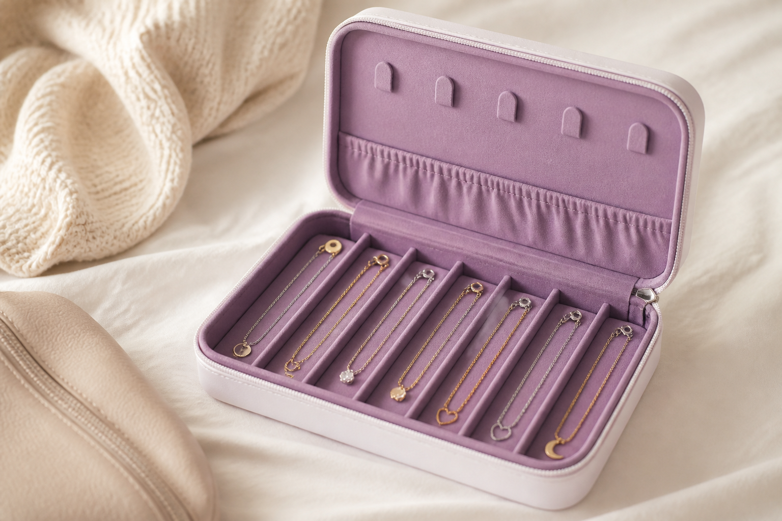 Estuche de viaje con collares separados en compartimentos