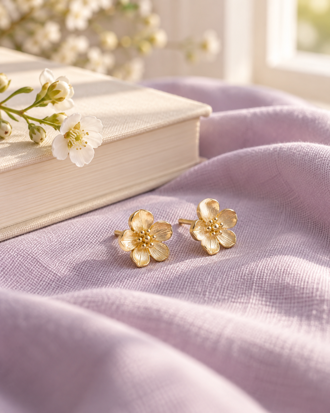 Aros florales dorados sobre tela lavanda para inspirar un regalo delicado a una docente