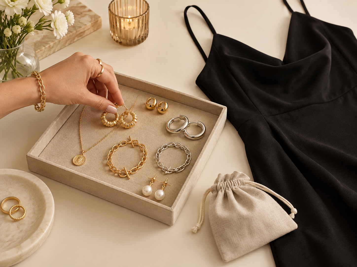 Selección de joyas doradas y plateadas para combinar con un vestido negro