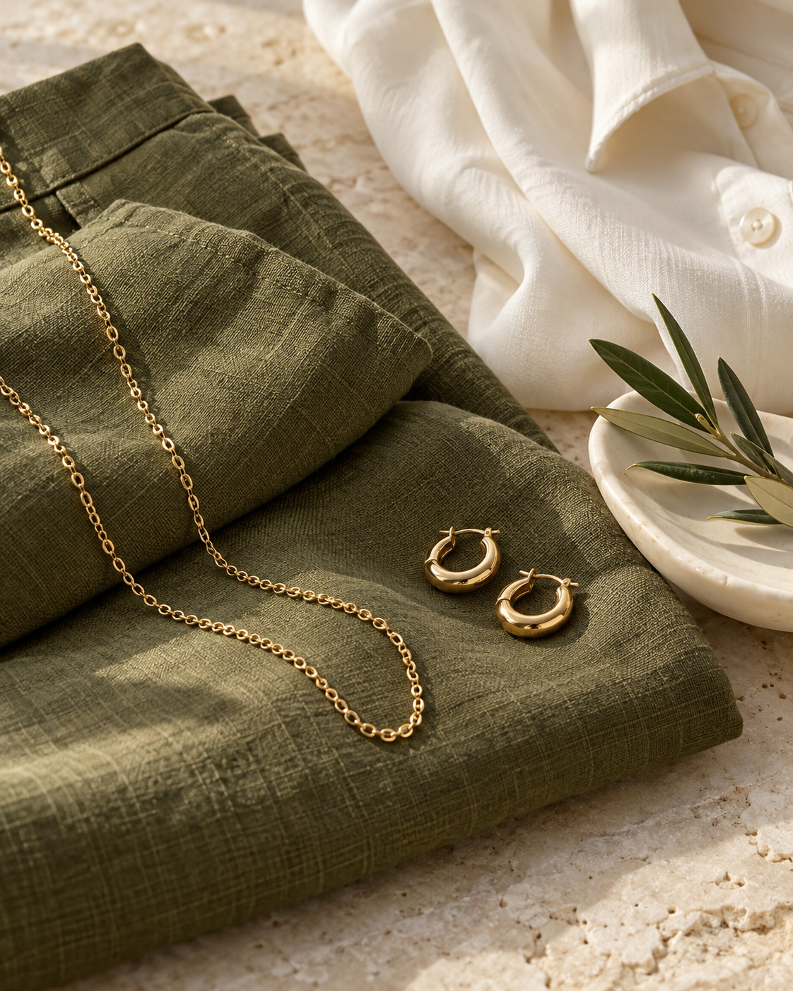 Aros dorados y collar fino sobre prendas verde oliva y crema