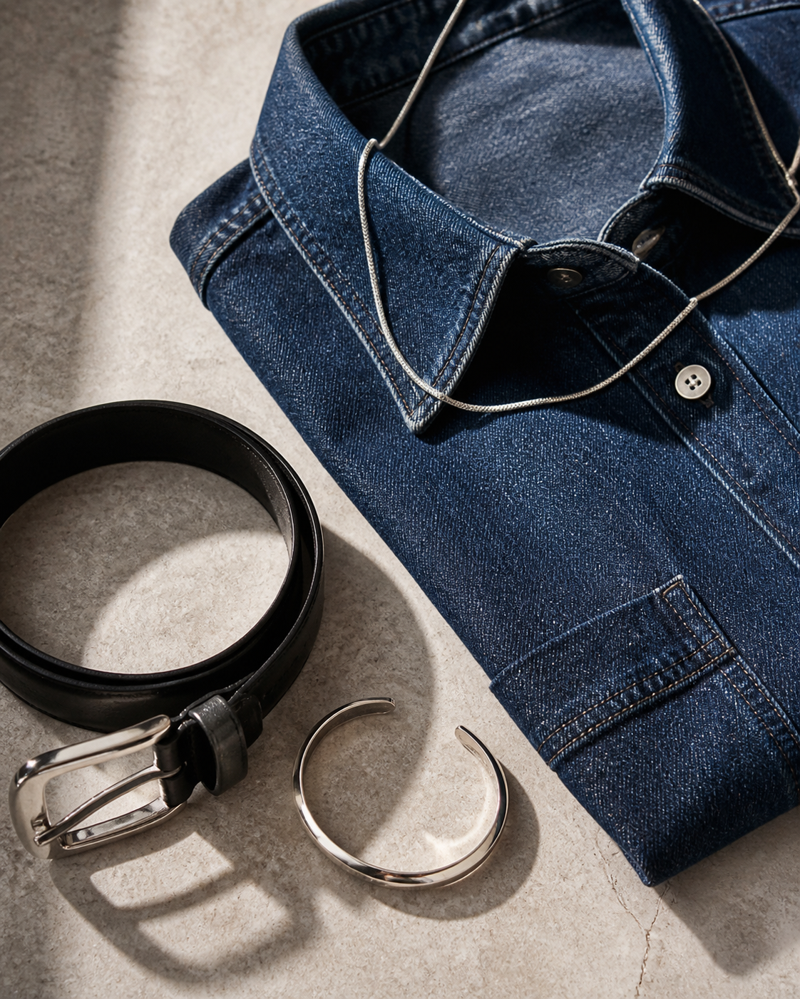 Collar y pulsera plateados junto a camisa de denim oscuro y cinturón negro