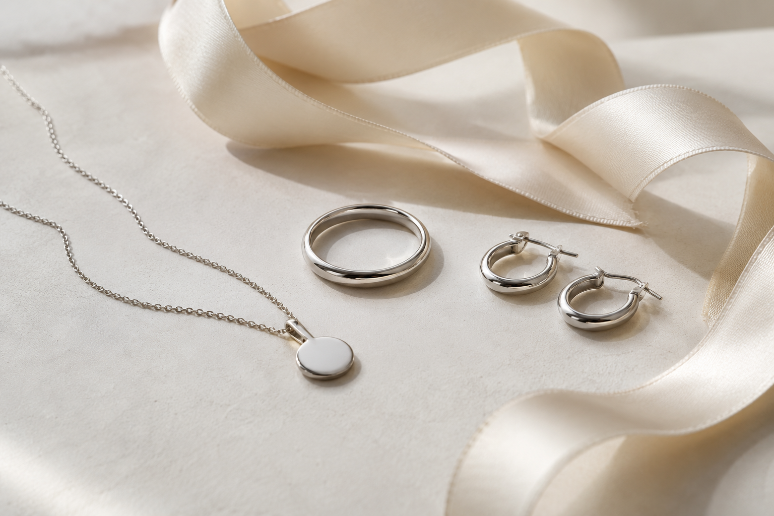 Joyas plateadas junto a una cinta de satén marfil
