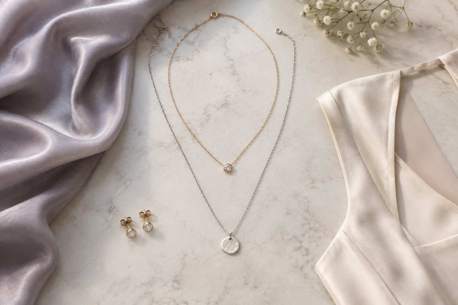 Collares dorado y plateado de distintos largos junto a una prenda satinada
