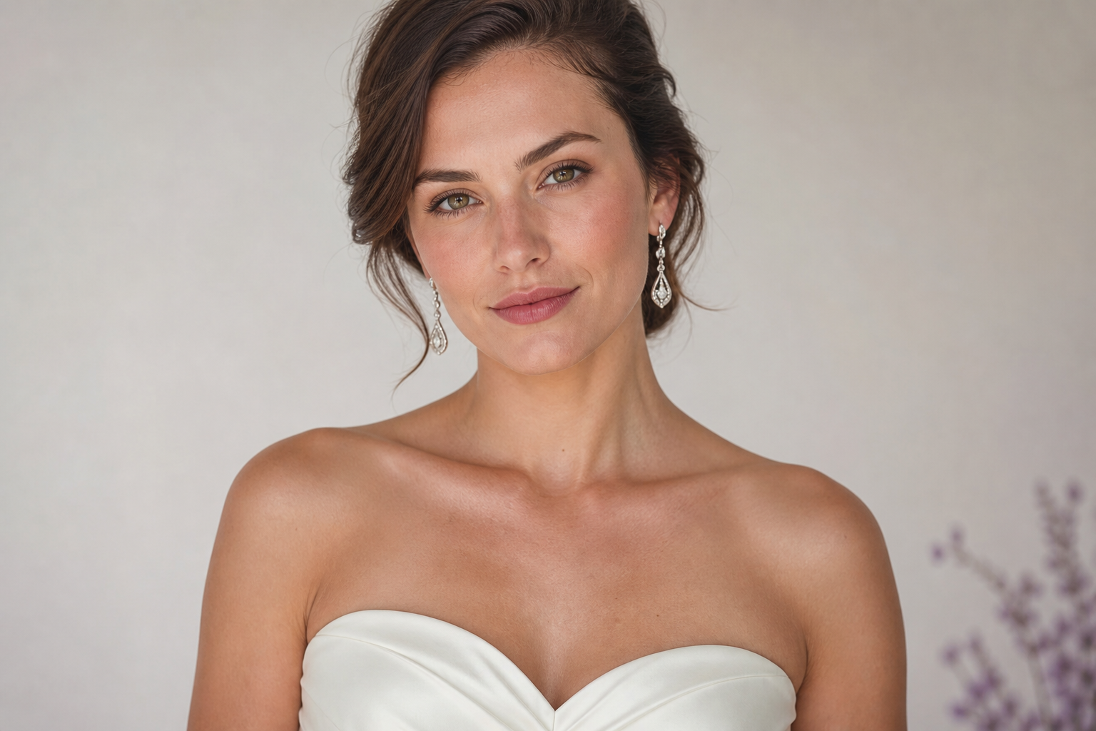 Aros plateados colgantes combinados con vestido strapless marfil